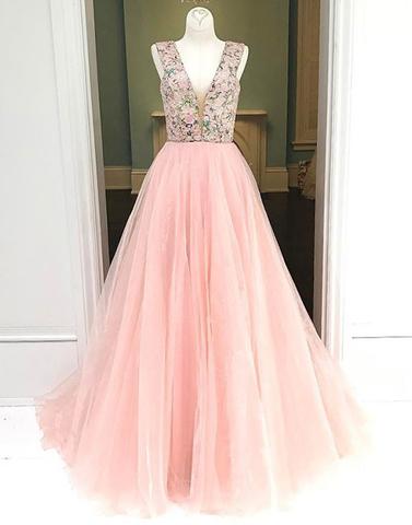 Pink Tulle A-line Beaded 2017 Evening Gown Long V-neck Prom Dress, Pd1466