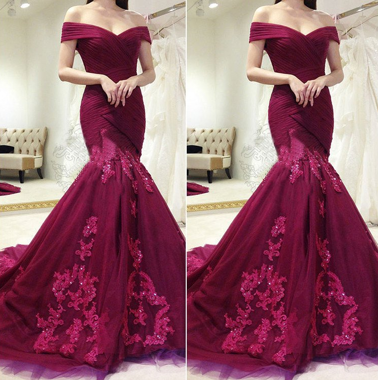 Off-the-shoulder Burgundy Mermaid Evening Gowns JTE260