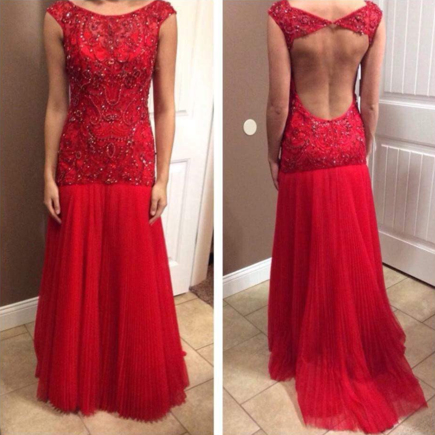 Beaded Mermaid Tulle Red Open Back Long 2017 Prom Dress, Pd4521