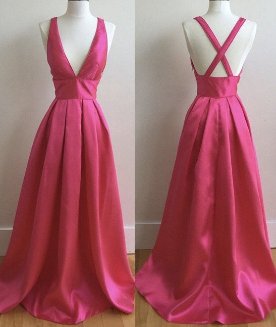 Formal Simple Satin Pink V-neck A-line Long 2017 Prom Dress, Pd4527