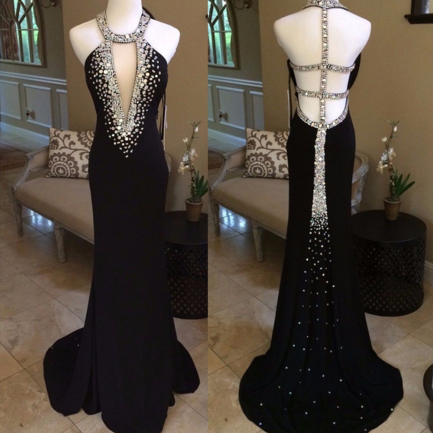 Mermaid Halter Satin Black Beading Prom Dress