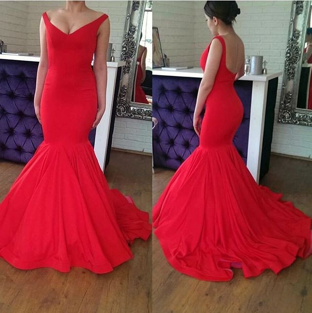 Open Back Simple Red Taffeta Mermaid Formal Long Prom Dress, Pd4658