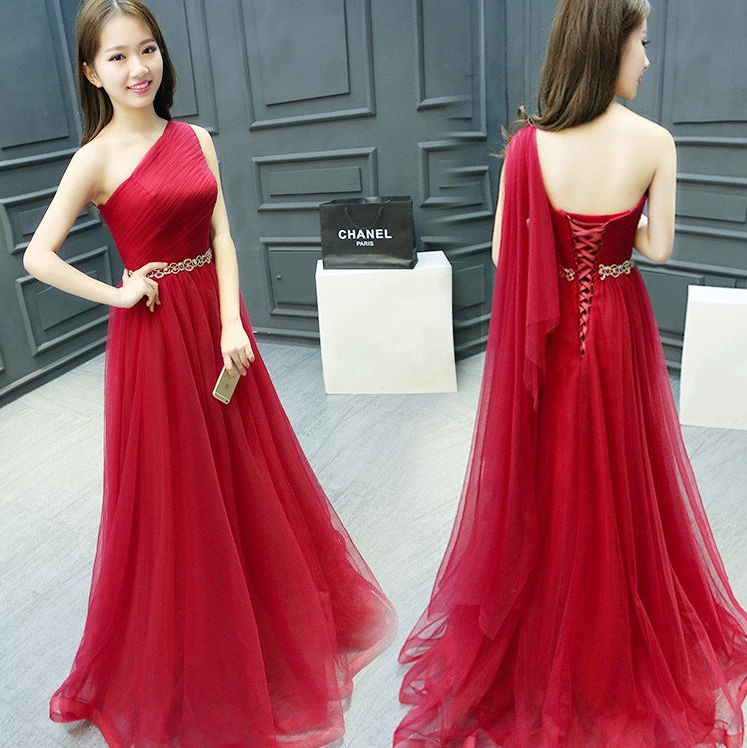 Burgundy tulle prom dress one shoulder evening dress,DS4408