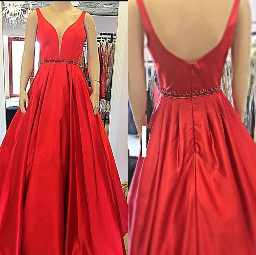 V-neck Red A-line Simple Satin Formal Long Prom Dress, Pd4665