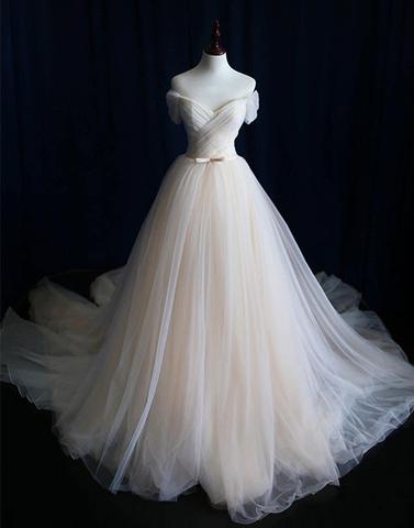 Ivory Off Shoulder A-line Tulle Long Prom Dress, Pd5110