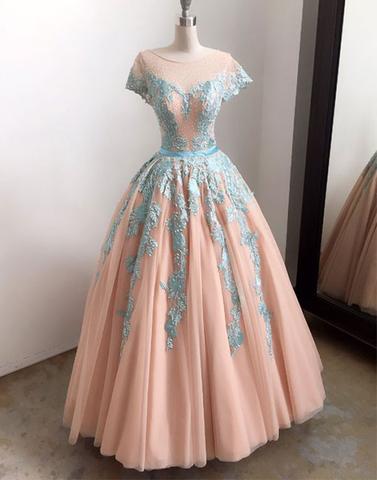 Long Tulle A-line Lace Appliques Cap Sleeves Prom Dress, Pd6929