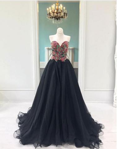 Sweetheart A-line Black Tulle Long Prom Dress, Pd3826