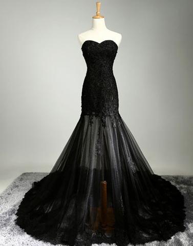 Strapless Black Lace Mermaid Long Prom Dress, Pd3830