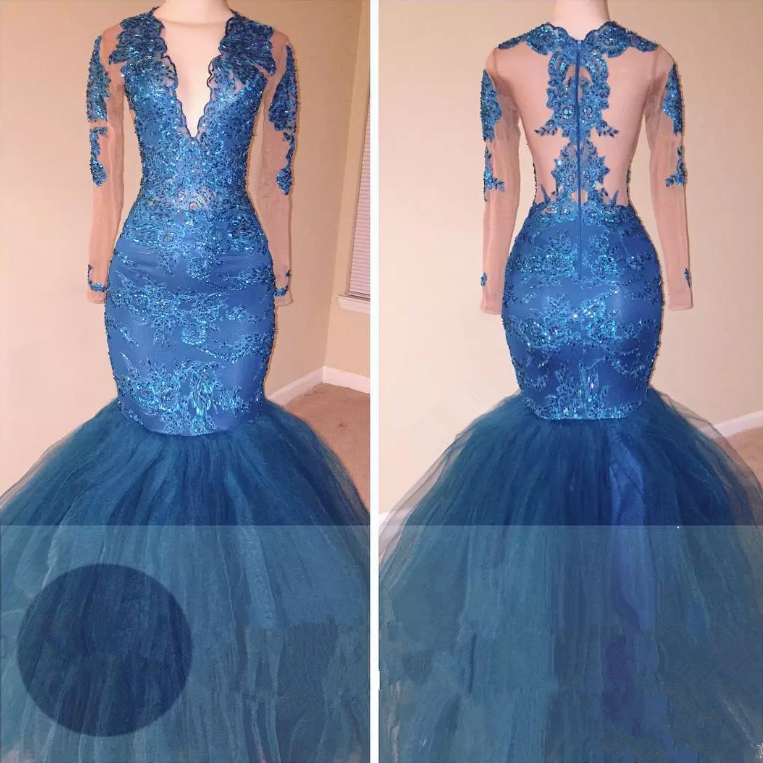 Ocean Blue Lace Appliques Mermaid Prom Dress V-neck Long Sleeve Sheer Evening Gowns,pd3012