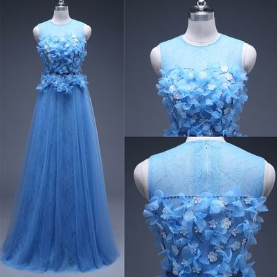 Charming Appliques Blue Tulle Long Prom Dresses,pd3578