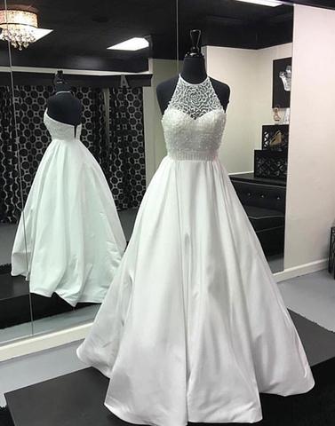 2017 Formal A-line Beaded Top White Satin Long Prom Dresses,pd3580
