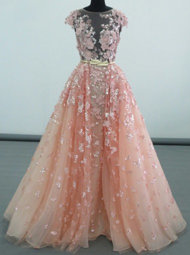 A-line Charming Pink Appliques Beaded Short Sleeves Long Prom Dresses,pd3588