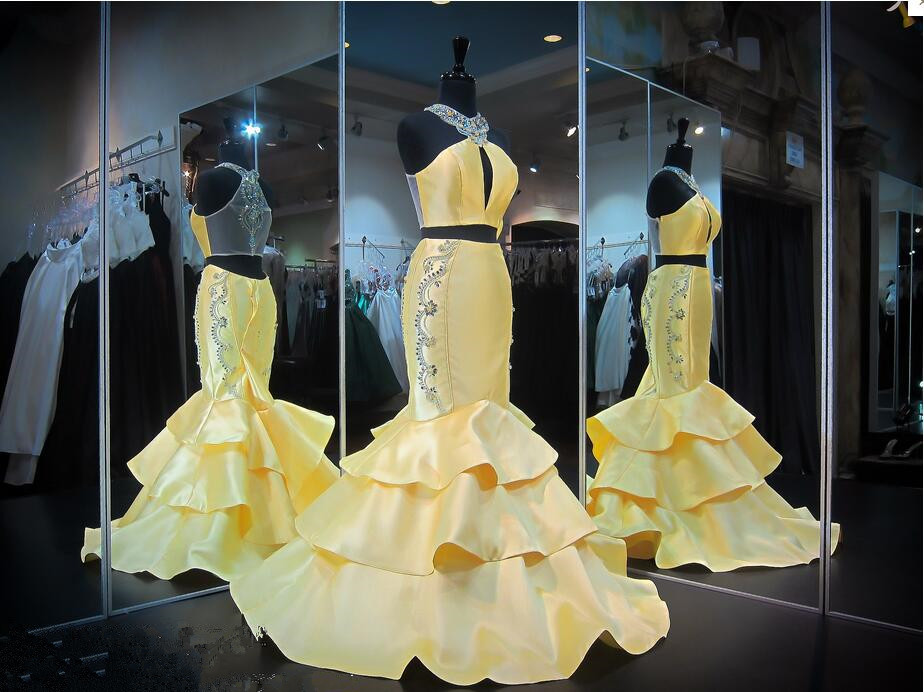 Gorgeous Zipper Yellow Evening Gown Mermaid Halter Yellow Ruffles Sleeveless Crystals Prom Dress,pd0404