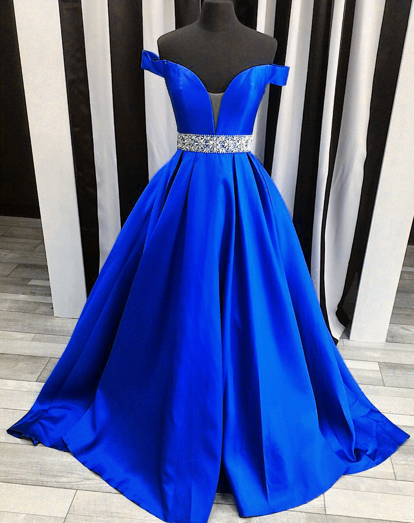 Formal A-line Off Shoulder Royal Blue Satin Long Prom Dress, Pd14202