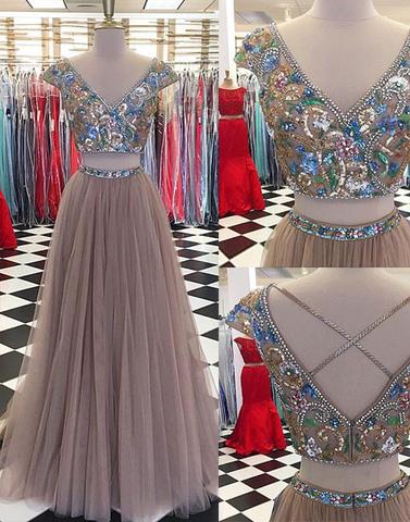 Champagne Tulle Two Pieces Beaded Cap Sleeves Long Prom Dress, Pd14206