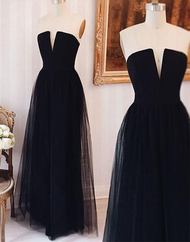 Simple Strapless Black Tulle Long Prom Dress, Pd14210