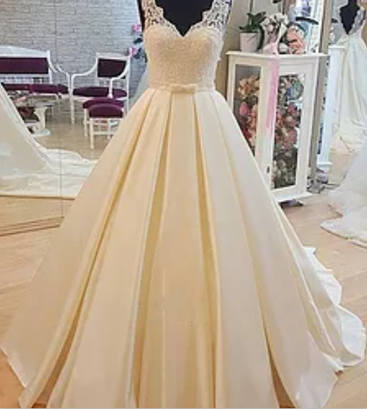 Ivory V-neck A-line Lace Top Formal Princess Long Prom Dress, Pd14230
