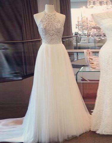 Halter Beaded White Tulle A-line Long Prom Dress, Pd14241
