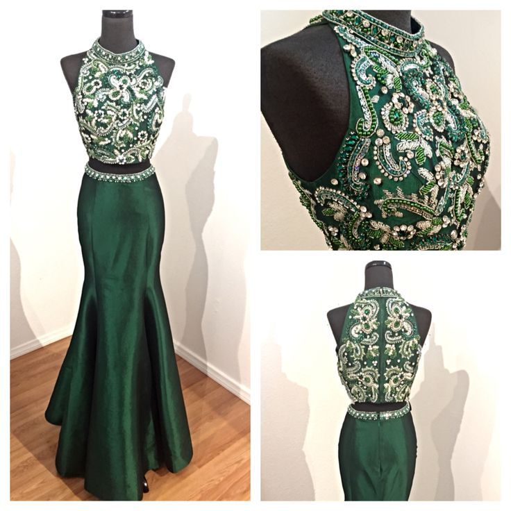 Charming 2017 Dark Green Beaded Formal Two-pieces Long Prom Dress, Pd14248