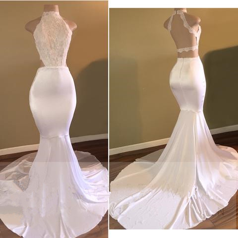 White High-neck Evening Gown Sleeveless Newest Mermaid Prom Dress,pd0813