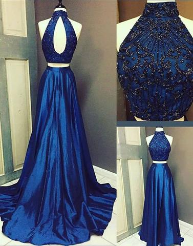 Stylish High Neck Beaded Two Pieces Formal Long Navy Prom Dress, Pd14266