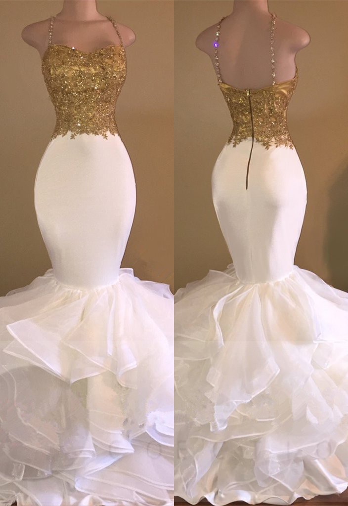Ruffles Lace Appliques Sleeveless Evening Dress Spaghetti Strap Gold Beading Sexy Mermaid Prom Dress, Pd1211