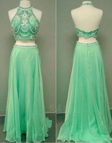 Formal Halter Two Pieces Chiffon Beaded Long Prom Dress, Pd14901