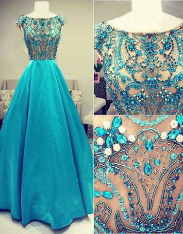 2017 Cap Sleeves A-line Blue Beaded Long Prom Dresses, Pd146968