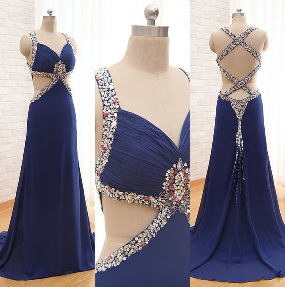 Royal Blue Chiffon Sexy Open Back Beaded Long Prom Dresses, 2017 Evening Dress, Pd146972