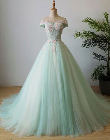 Mint Green Off Shoulder A-line Tulle Long Prom Dresses, 2017 Princess Formal Ball Dress, Pd146989