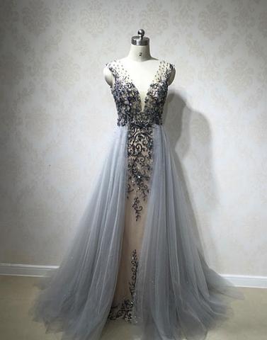 Beaded Grey Tulle V-neck Long Prom Dress, 2017 Formal A-line Evening Dress, Pd14789