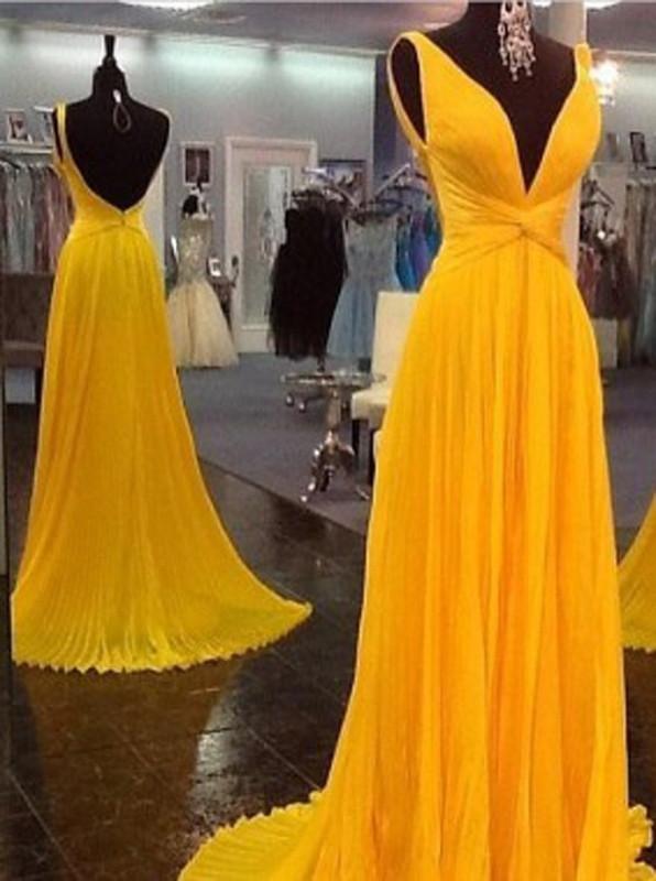 Yellow Chiffon V-neck Long Prom Dress, 2017 Formal Evening Dress, Pd14987