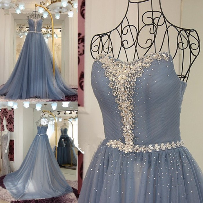blue tulle strapless beaded A-line ball gown, 2017 formal evening dress, PD14994