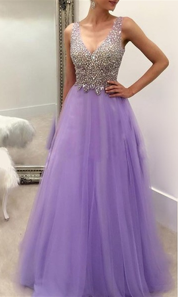 A-line Light Purple Tulle Beaded V-neck Long Formal Prom Dress, Pd15004