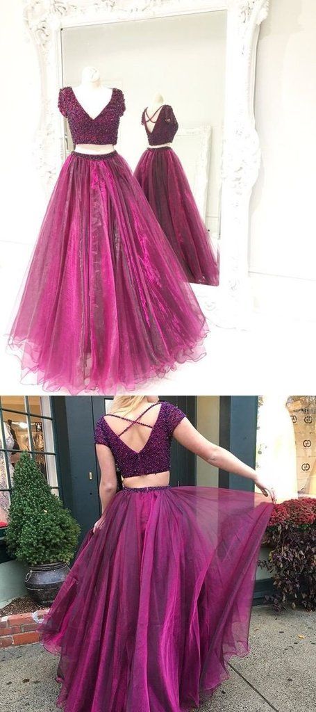 Two Piece Prom Dress,tulle Beaded Prom Dresses,long Prom Dress,evening Dress, A-line Prom Dresses,pd14036