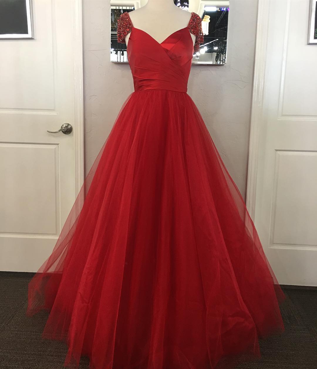 Plus Size Red Tulle A-line Prom Dresses Cap Sleeves Beaded Evening Dresses Sexy Formal Gowns Party Dress,pd14039