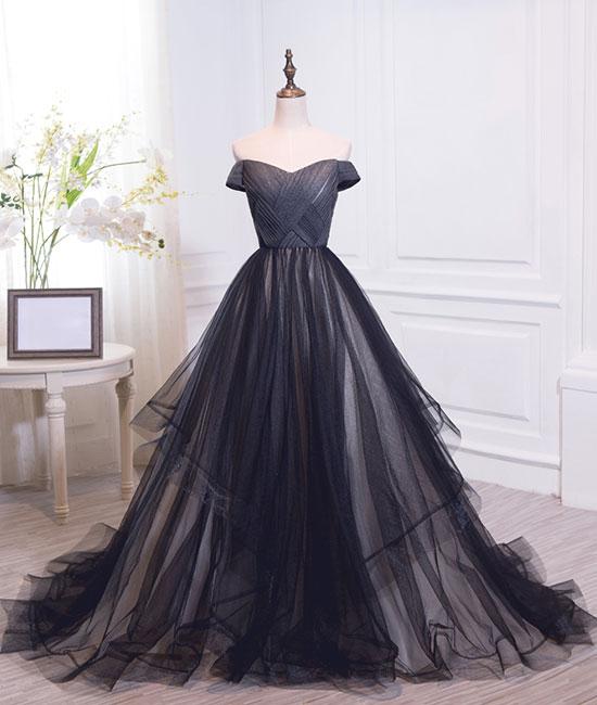 Elegant A-line Off Shoulder Black Tulle Floor-length Prom/evening Dress,pd14050