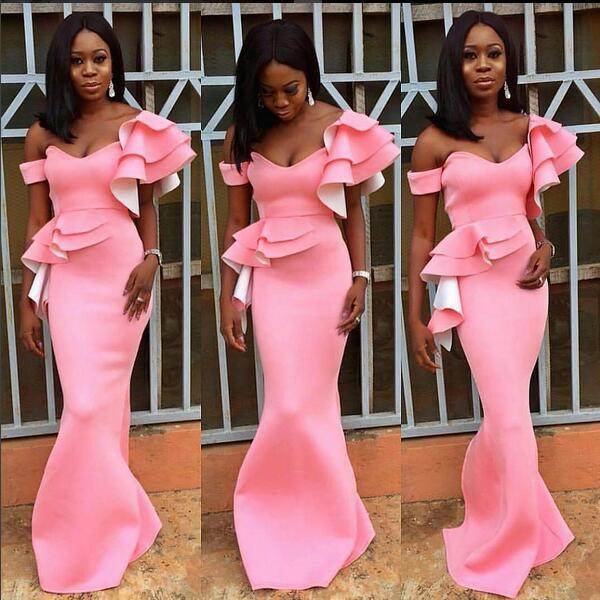 Africa Mermaid Prom Dresses Off The Shoulder Ruffles Mermaid Pink Satin Formal Evening Occasion Dresses Custom Made ,pd14074
