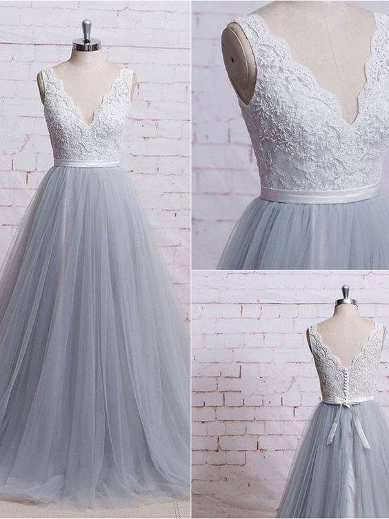 Gray Tulle Long Senior Prom Dress, Simple Bridesmaid Dress Sexy Prom Dresses,evening Gowns,pd14093