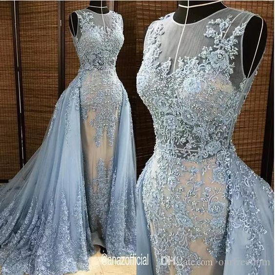 Evening Dresses With Tulle Detachable Overskirt Illusion Blue Gray Pearls Beaded Lace Appliques Celebrity Gown Sexy Plus Size Prom