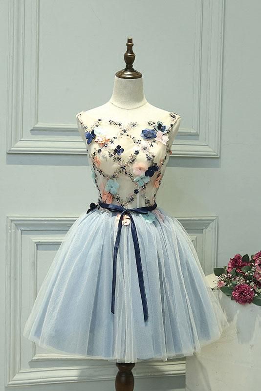 Cute Gray Blue Tulle Lace Applique Short Prom Dress Cocktail Dress,pd14105