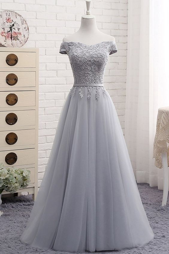 Gray Tulle Off Shoulder Long A-line Senior Prom Dress, Simple Bridesmaid Dress,pd14109