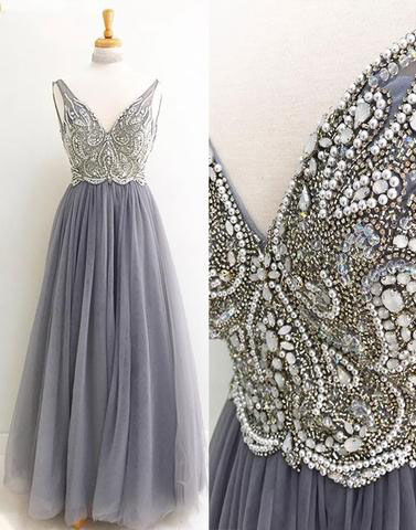 A-line Prom Gown,v-neck Prom Dress,gray Prom Dresses,tulle Prom Gown,long Prom Dress With Beading,long Prom Dresses,pd14152