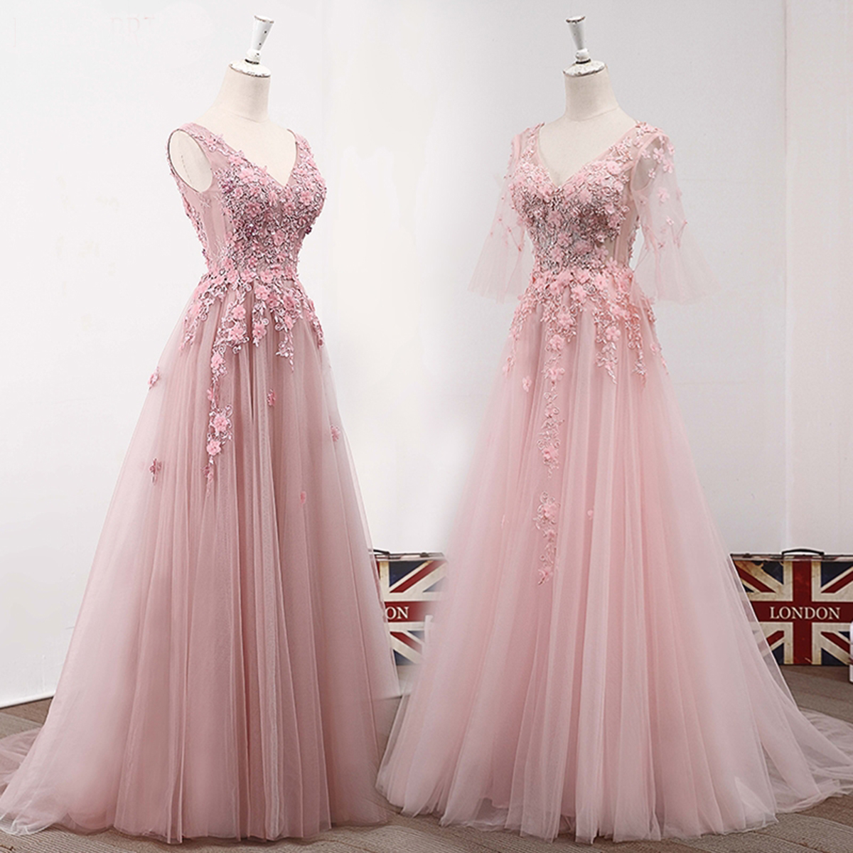 Prom Dresses, Fashion Prom Dresses,pink Tulle V Neck Long Lace Appliques A-line Prom Dress,pd14166