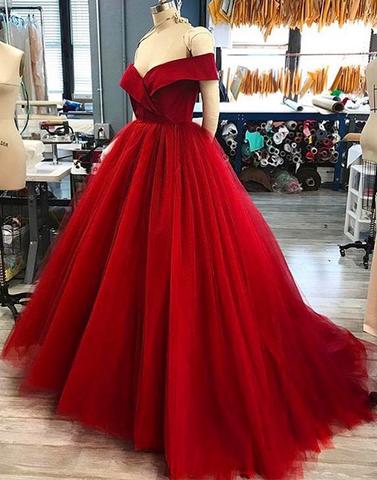 Prom Dresses, Fashion Prom Dresses,red Tulle V Neck Long Off Shoulder Senior Prom Dress, Long Evening Dresses,pd14171