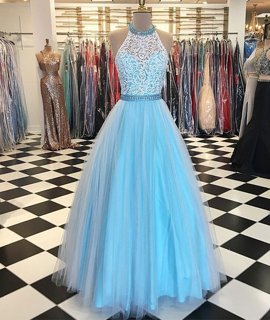 Blue Tulle Lace Long Prom Dress, Lace Evening Dress,pd14208