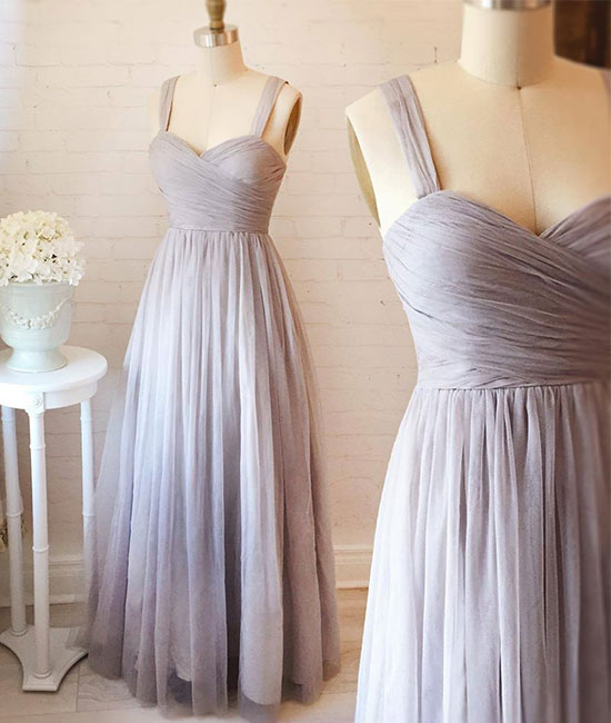 Gray Sweetheart Neck Tulle Long Prom Dress, Gray Evening Dress,pd14226