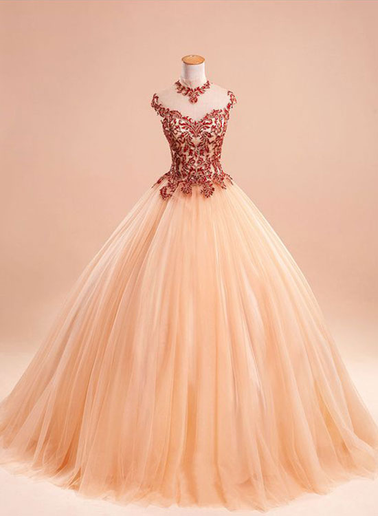 Champagne Tulle Ball Gown Long Prom Dress, Evening Dress For Teens,pd14229
