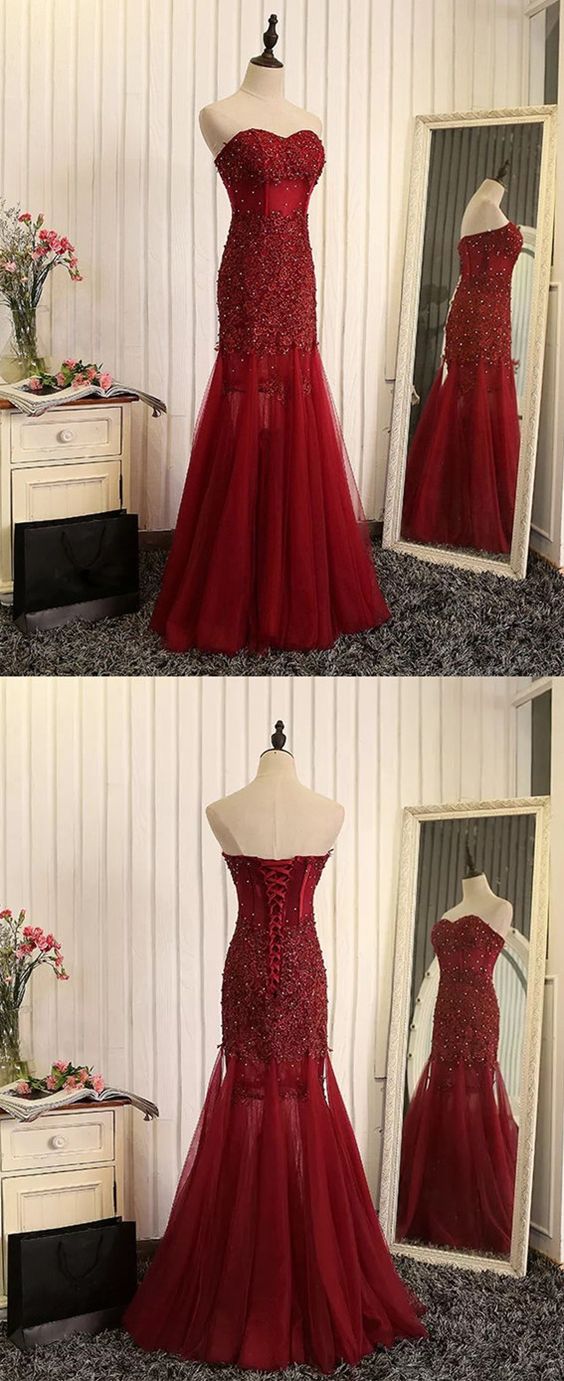 Burgundy Lace Prom Dresses,sweetheart Prom Dress,lace Evening Gowns,maroon Evening Gown,tulle Evening Dress,pd14245