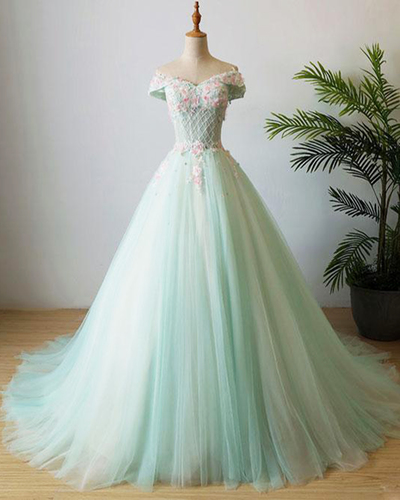 Mint Tulle Long Beaded Appliques Prom Dress With Cap Sleeves,pd14251